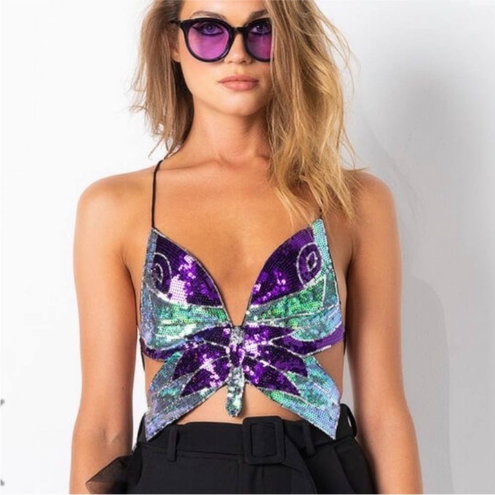 Sequin Purple & Teal Butterfly Crop Top